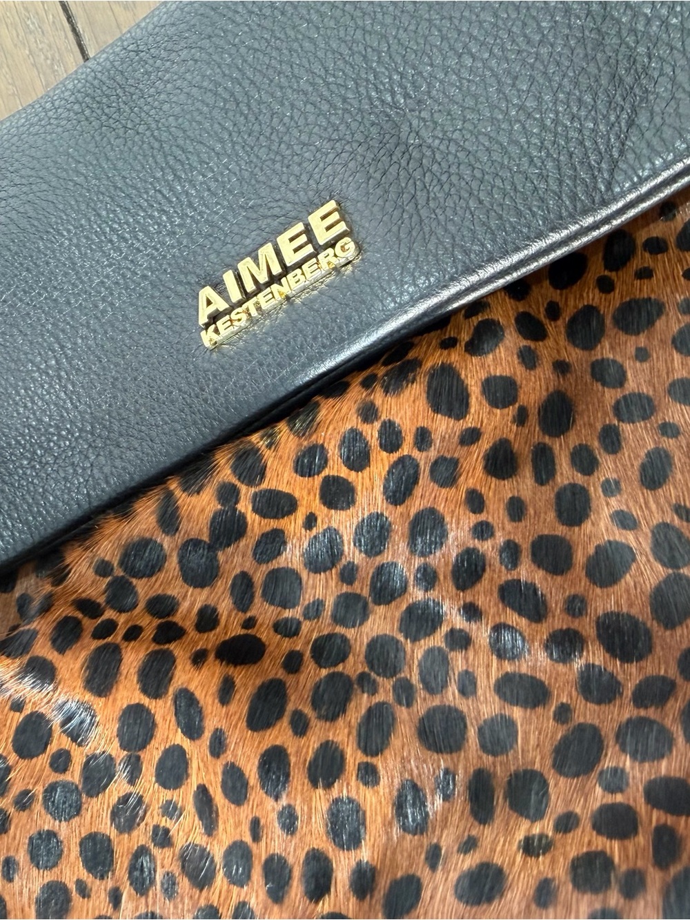 NWOT Aimee Kestenberg Black Leather Leopard Crossbody Purse Grunge Calf Hair - Picture 2 of 4